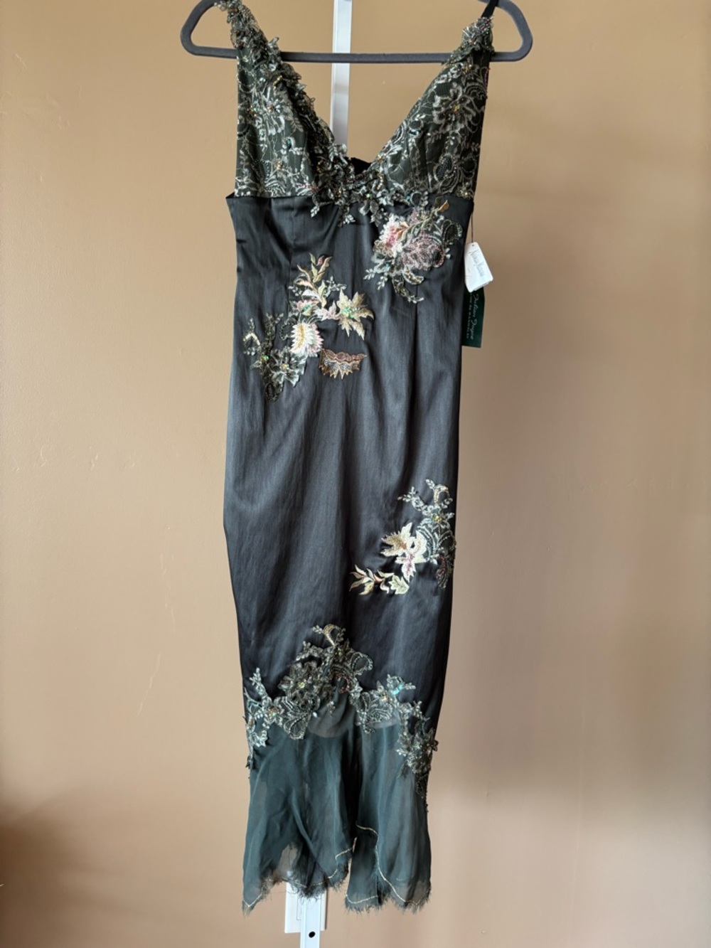 Mandalay Embroidered V-Neck Floral Slip Dress - Olive Green - Picture 5 of 15